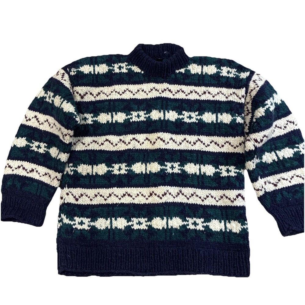 Vintage Men's Sweater Purple Mountain Nordic Fair Isle 100% Wool Heavy Large